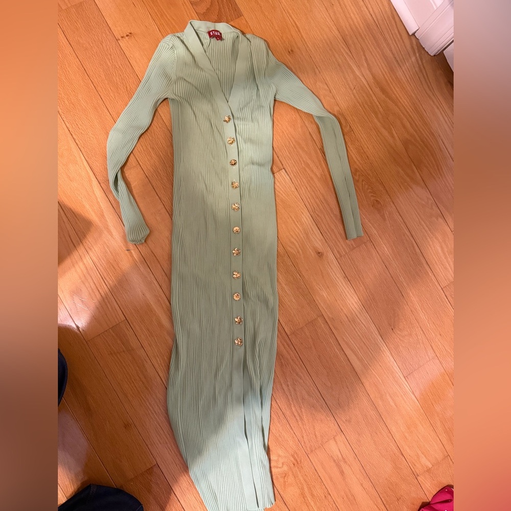 Authentic Staud Matcha green dress w/ gold flower buttons, size small